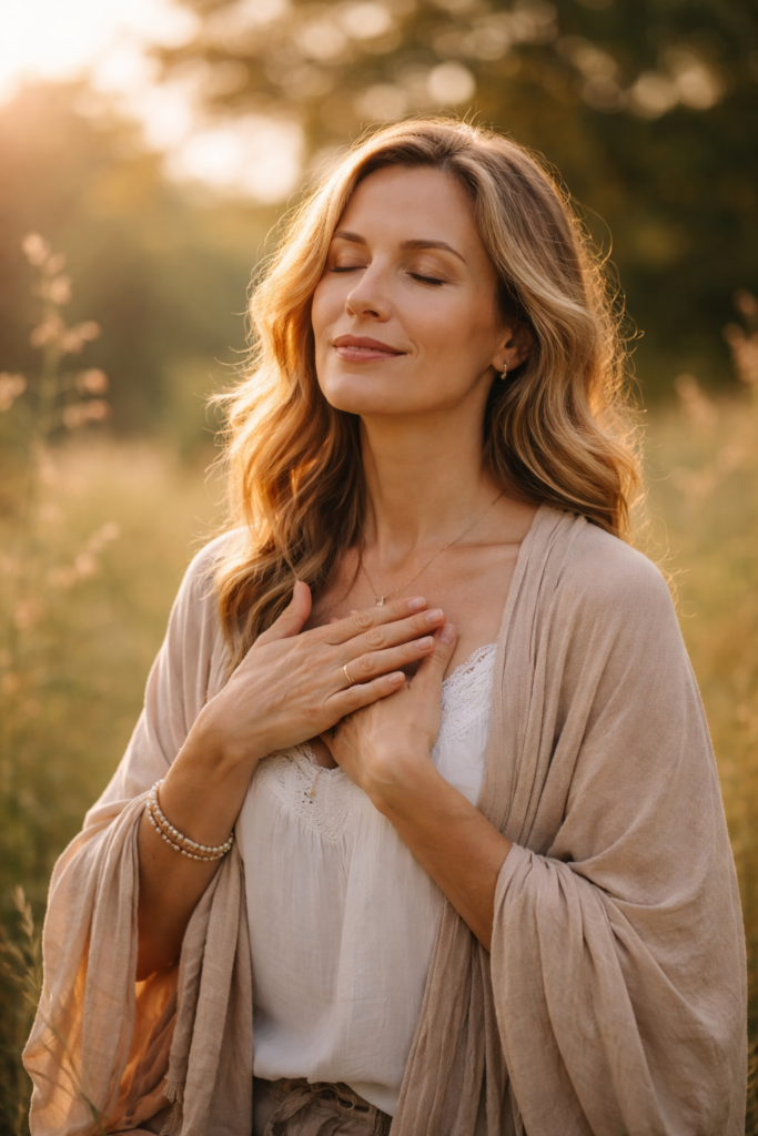 Woman with hands over her heart showing return to self