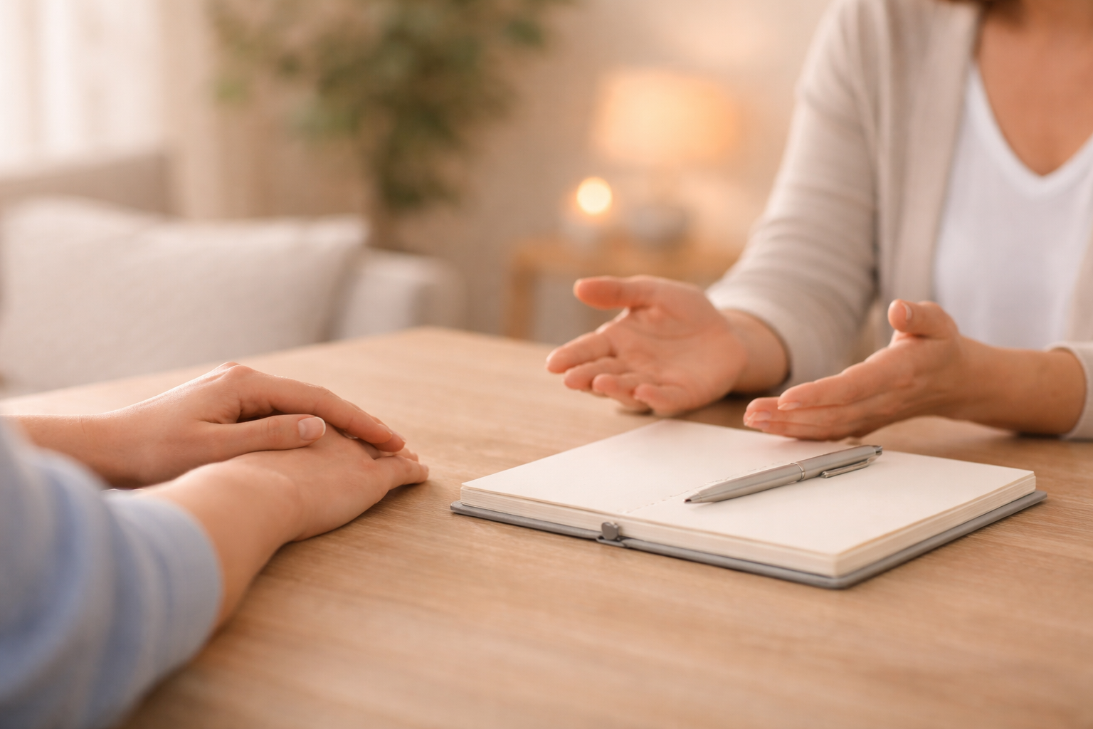Close-up of hands of a female hypnotherapist and client resting on a notebook, showing trust and connection during a Wollongong hypnotherapy session