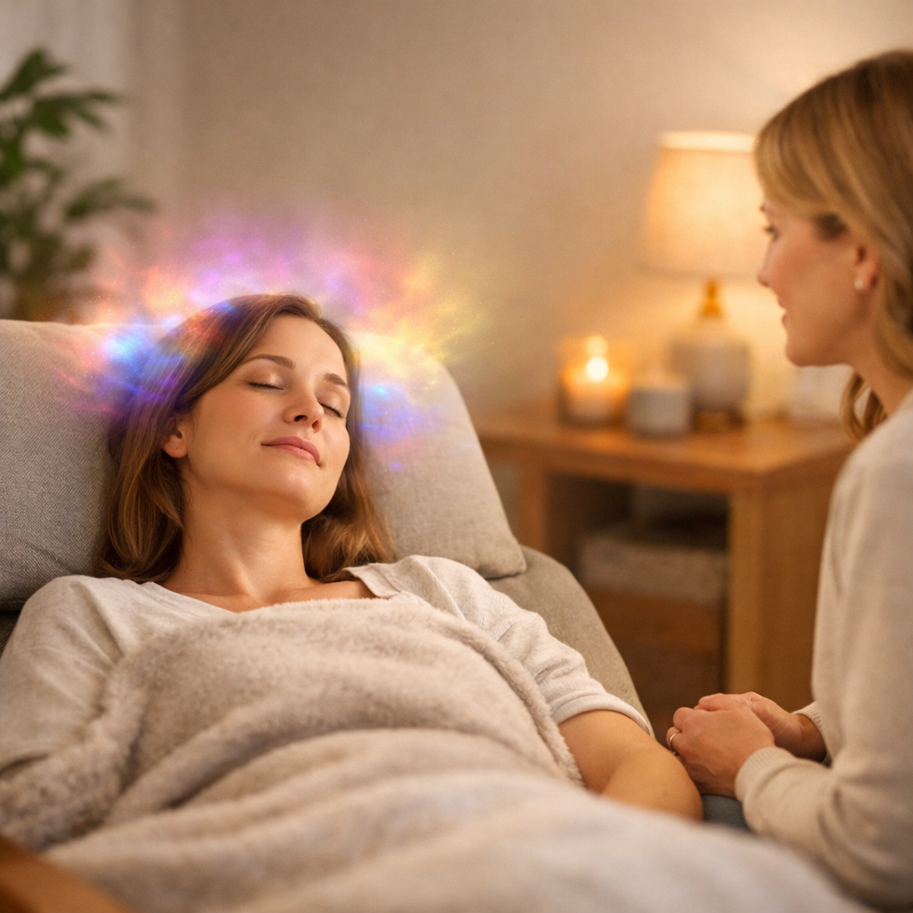 Woman in a calm past life regression wollongong hypnotherapy session, deeply relaxed with soft light and subtle energy colours around her head