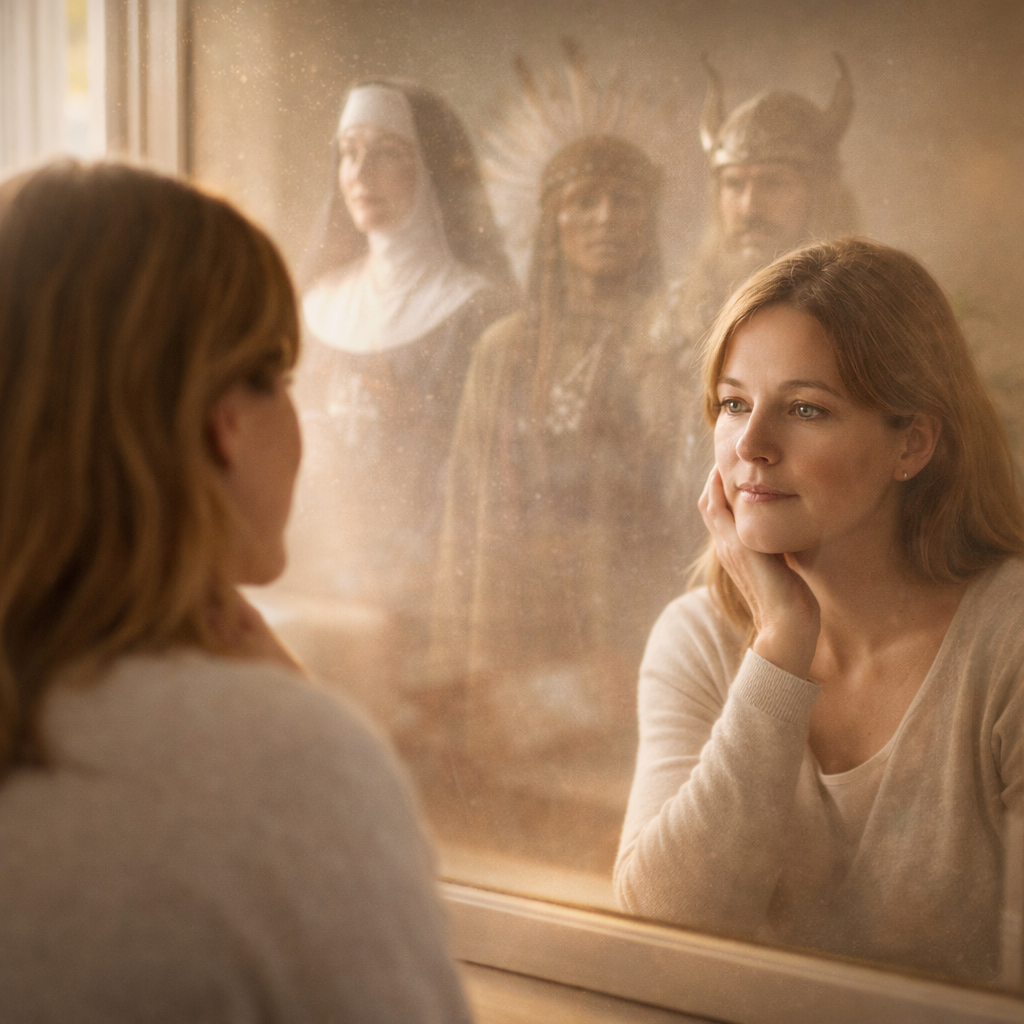 Thoughtful woman looking into mirror with faint images of past lives, symbolizing healing beyond time through past life regression wollongong