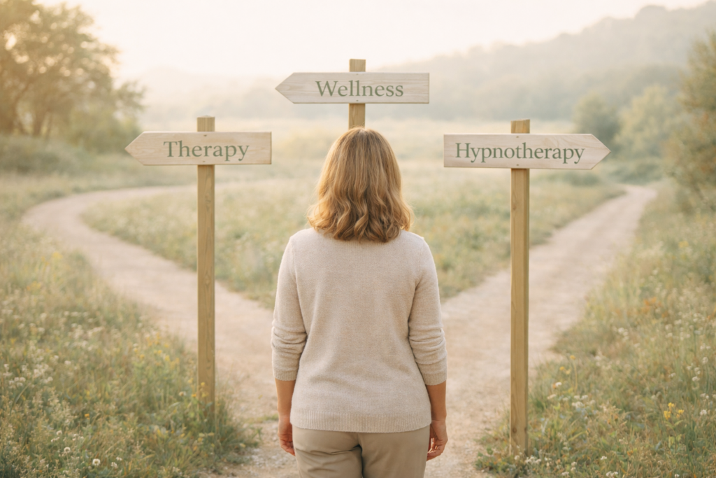 Woman thoughtfully considering options while choosing the right hypnotherapist, representing decision-making in Wollongong hypnotherapy
