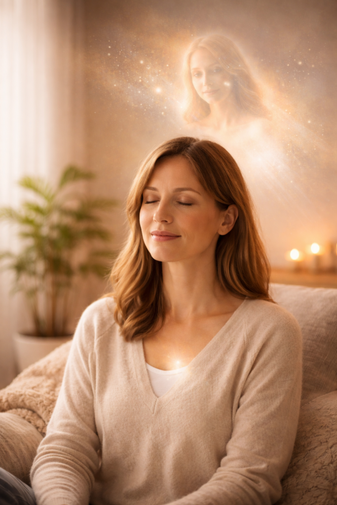 Calm meditation scene with woman reflecting inward and gentle spiritual energy, symbolizing soul-centred hypnotherapy